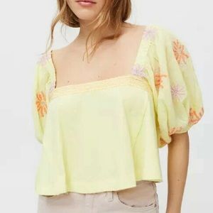 Urban Outfitters Yellow Embroidered Puff Sleeve Blouse Size XS
